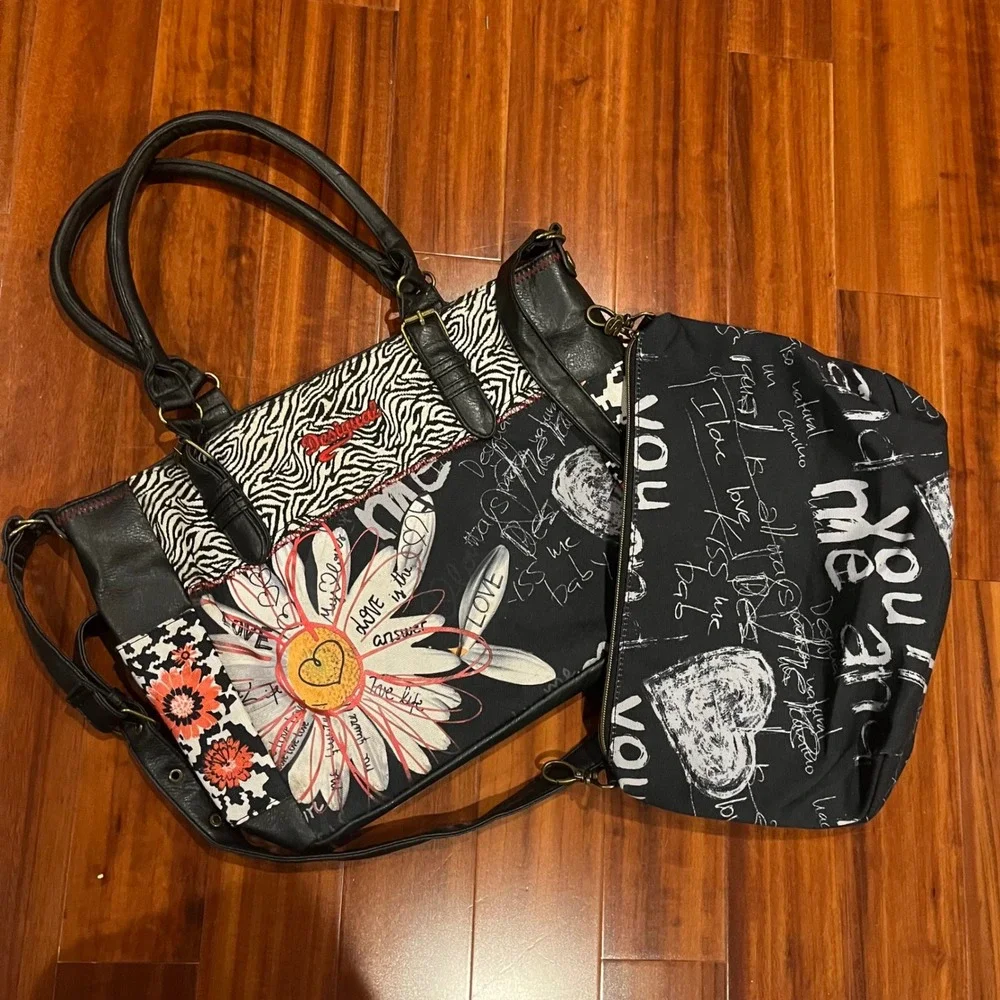 Desigual Tote‎ Bag Purse Set Patchwork Graffiti Daisy Zebra Pouch Black Multi